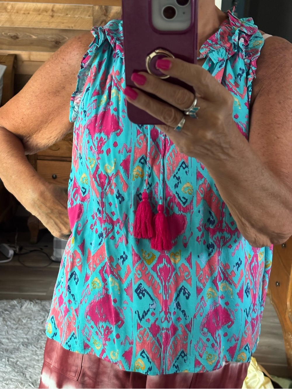 crown & ivy Turquoise and Hot Pink Tassel Tie Printed Top
